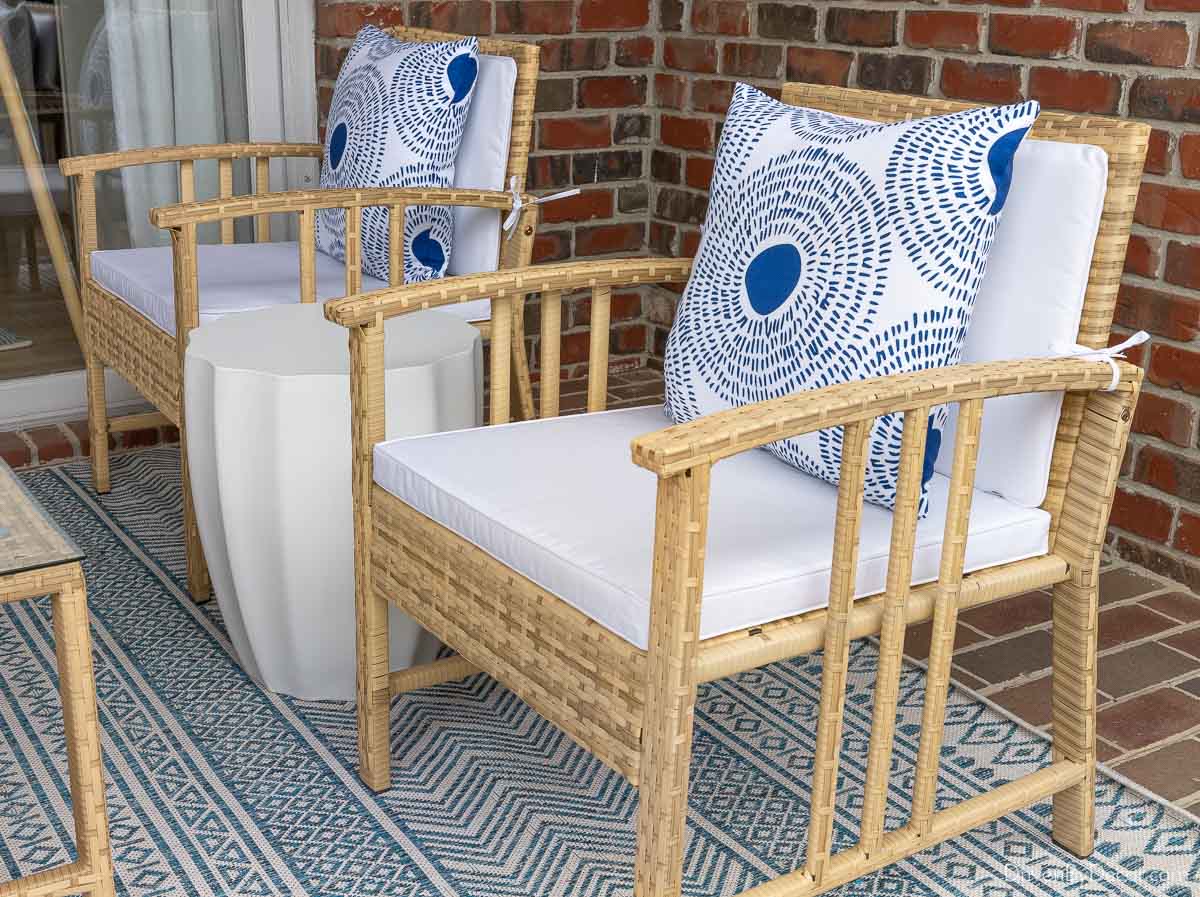 Pair of woven chairs as part of conversation set on the cheap
