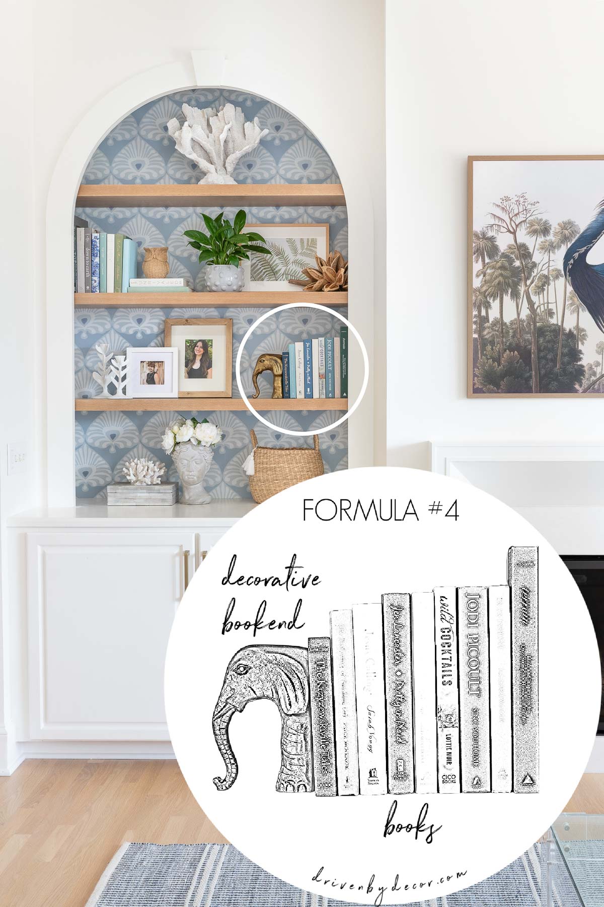 A decorative elephant bookend plus a series of books - tip for how to decorate a bookcase
