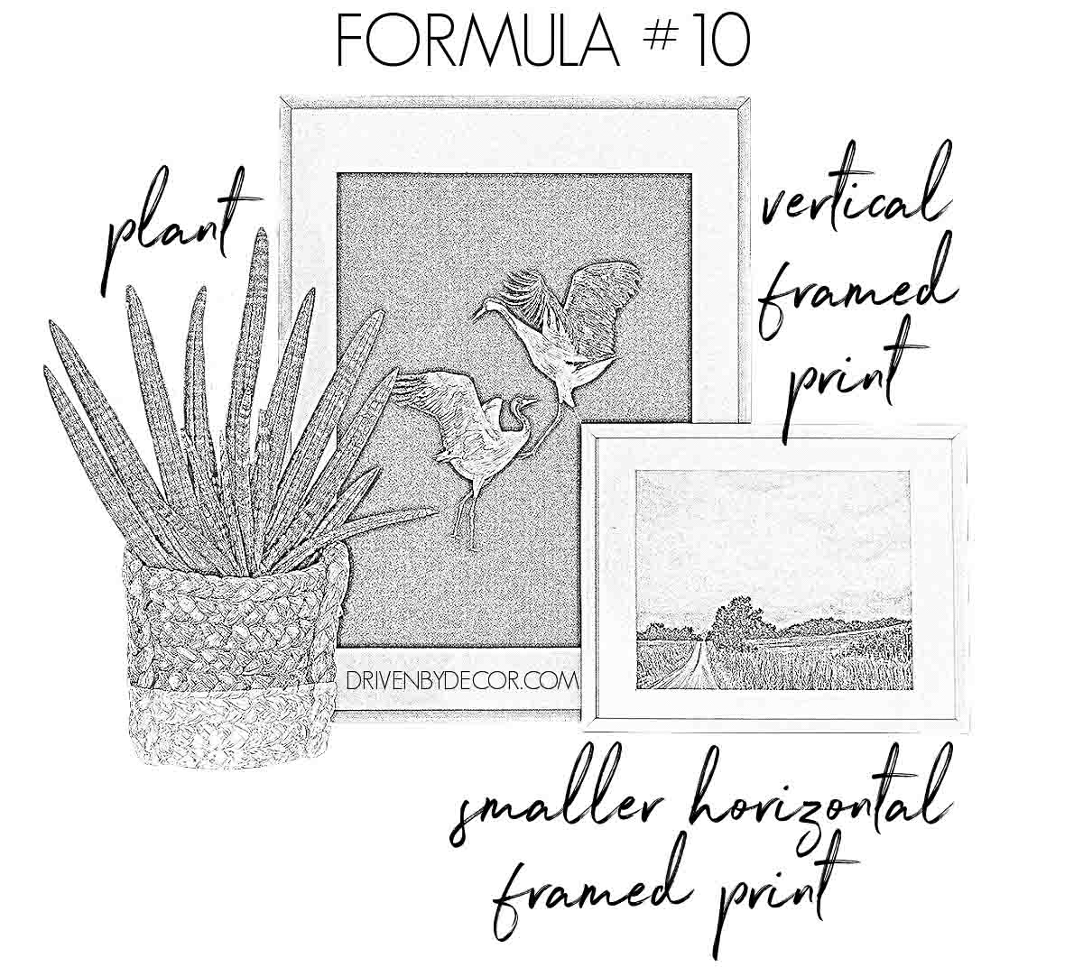 A plant and layered frames grouped together as shelf decor
