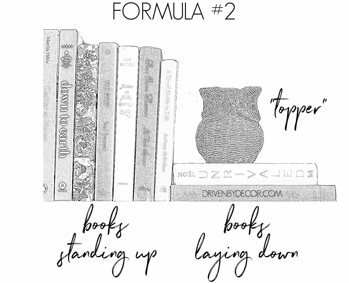 Formula for how to decorate a bookshelf - books + topper