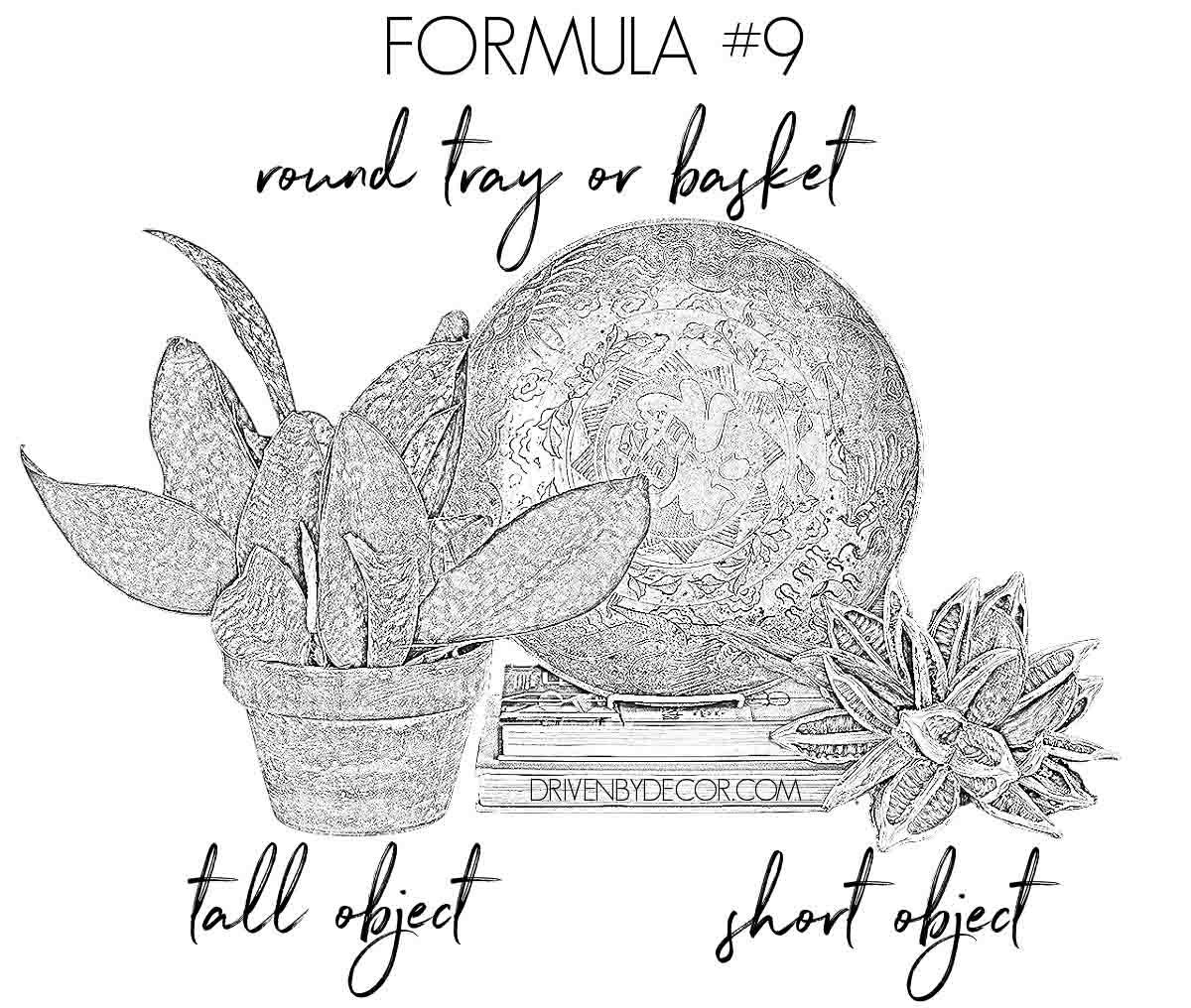 Formula for how to decorate a bookshelf - tall object + round tray + short object