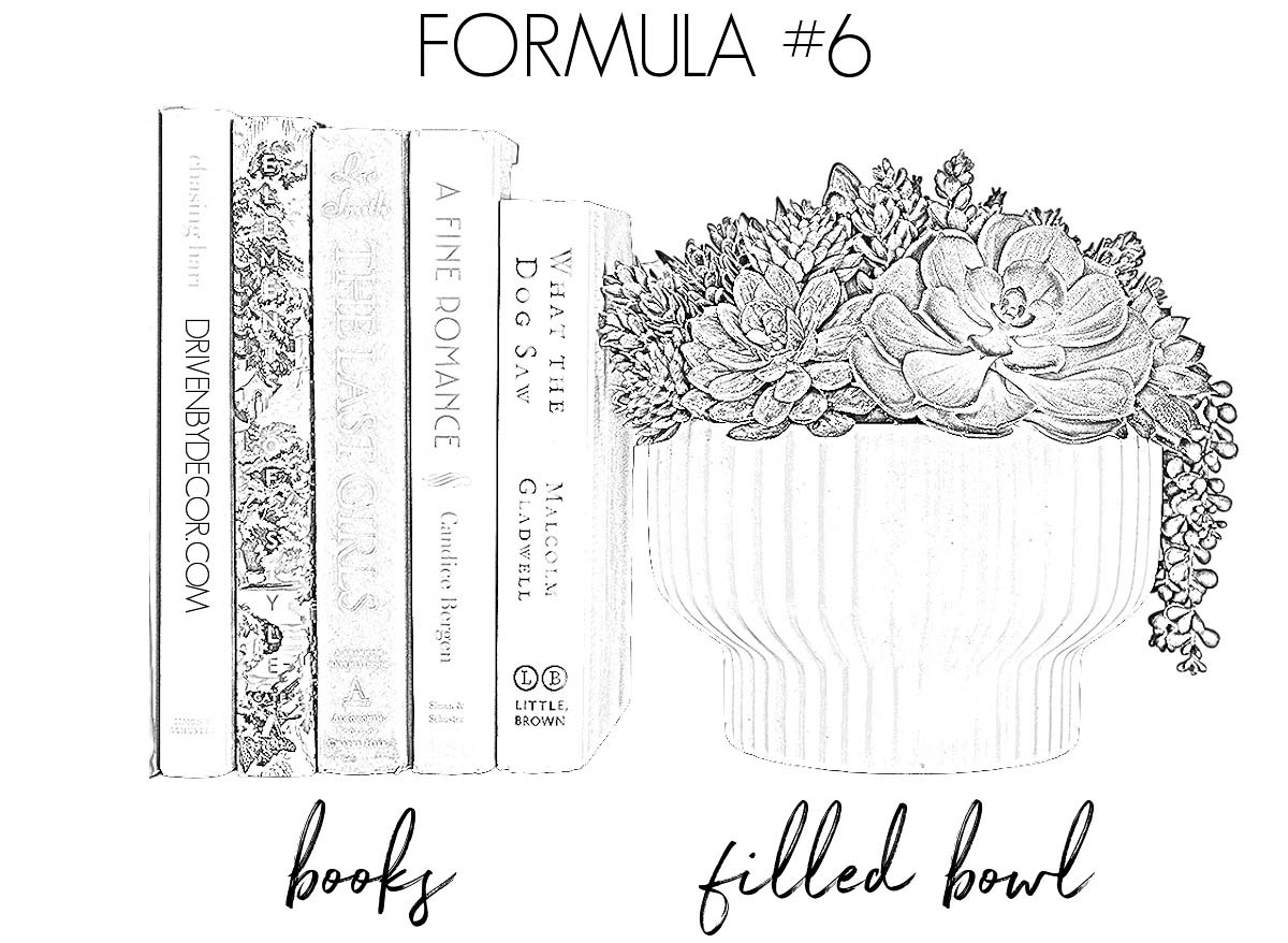 Formula for how to decorate a bookshelf - books + filled bowl