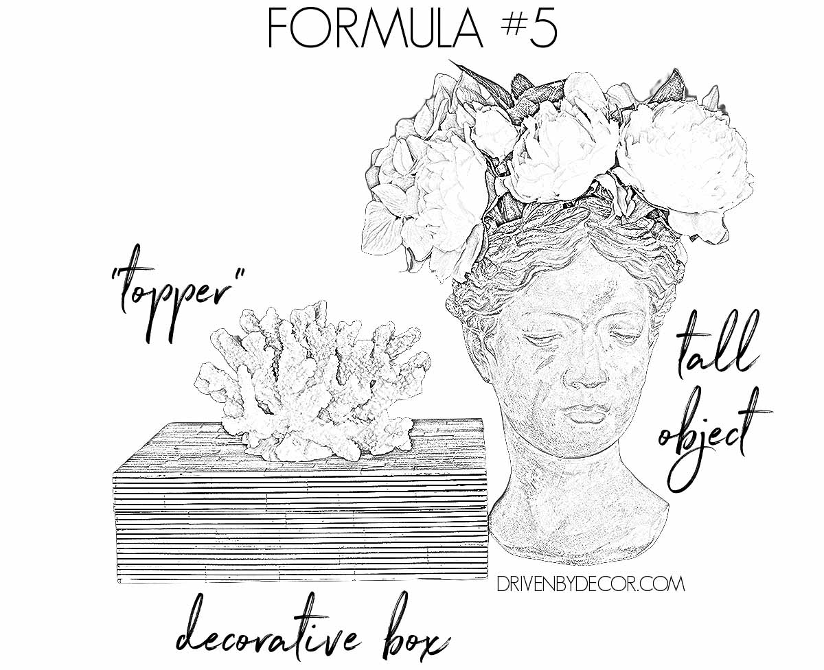 Formula for how to decorate a bookshelf - decorative box + topper + tall object