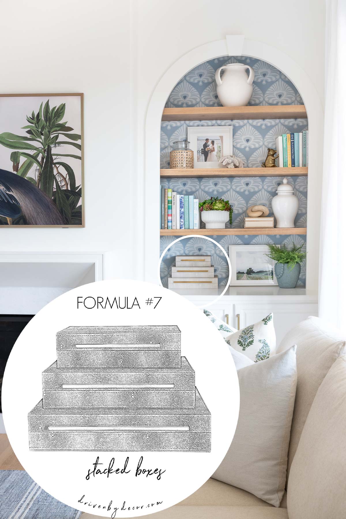 Three stacked boxes as a simple idea for how to decorate a bookshelf