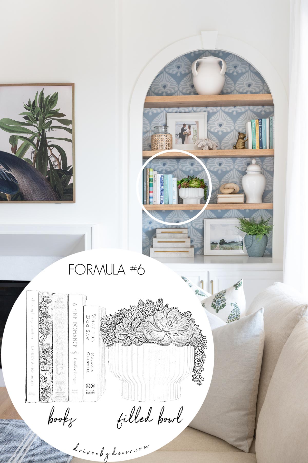 A series of books next to a decorative bowl for simple shelf decor