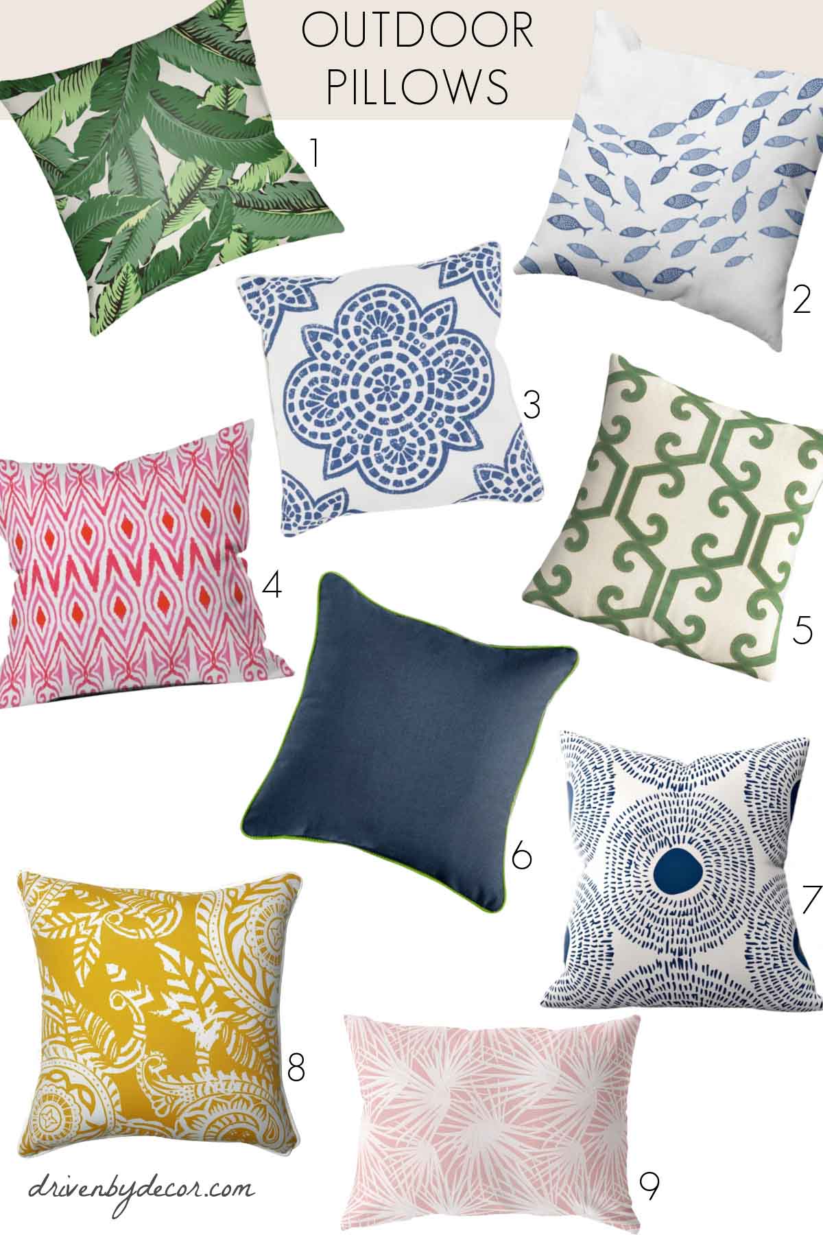 9 outdoor pillows in all colors and patterns