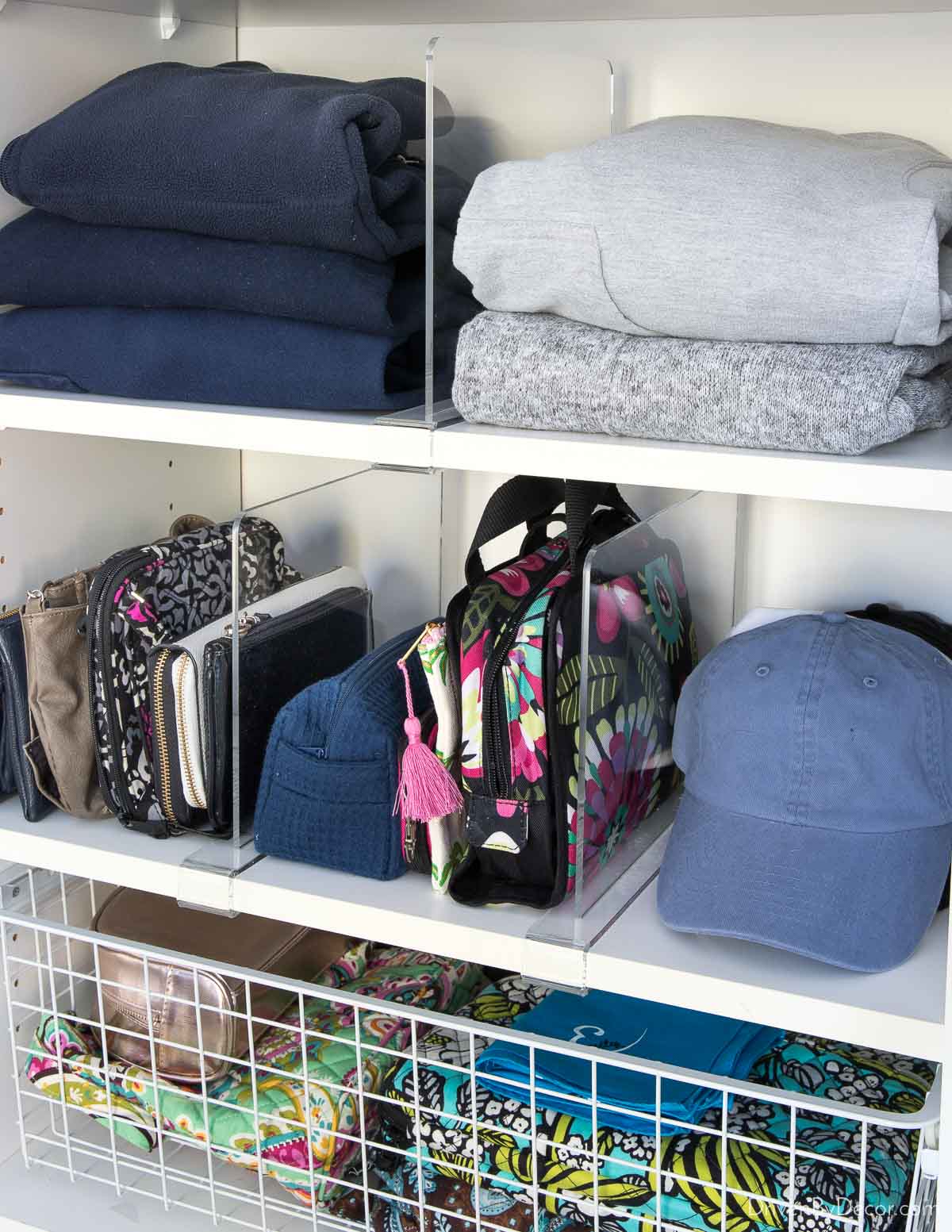 Acrylic shelf dividers that slide onto closet shelves