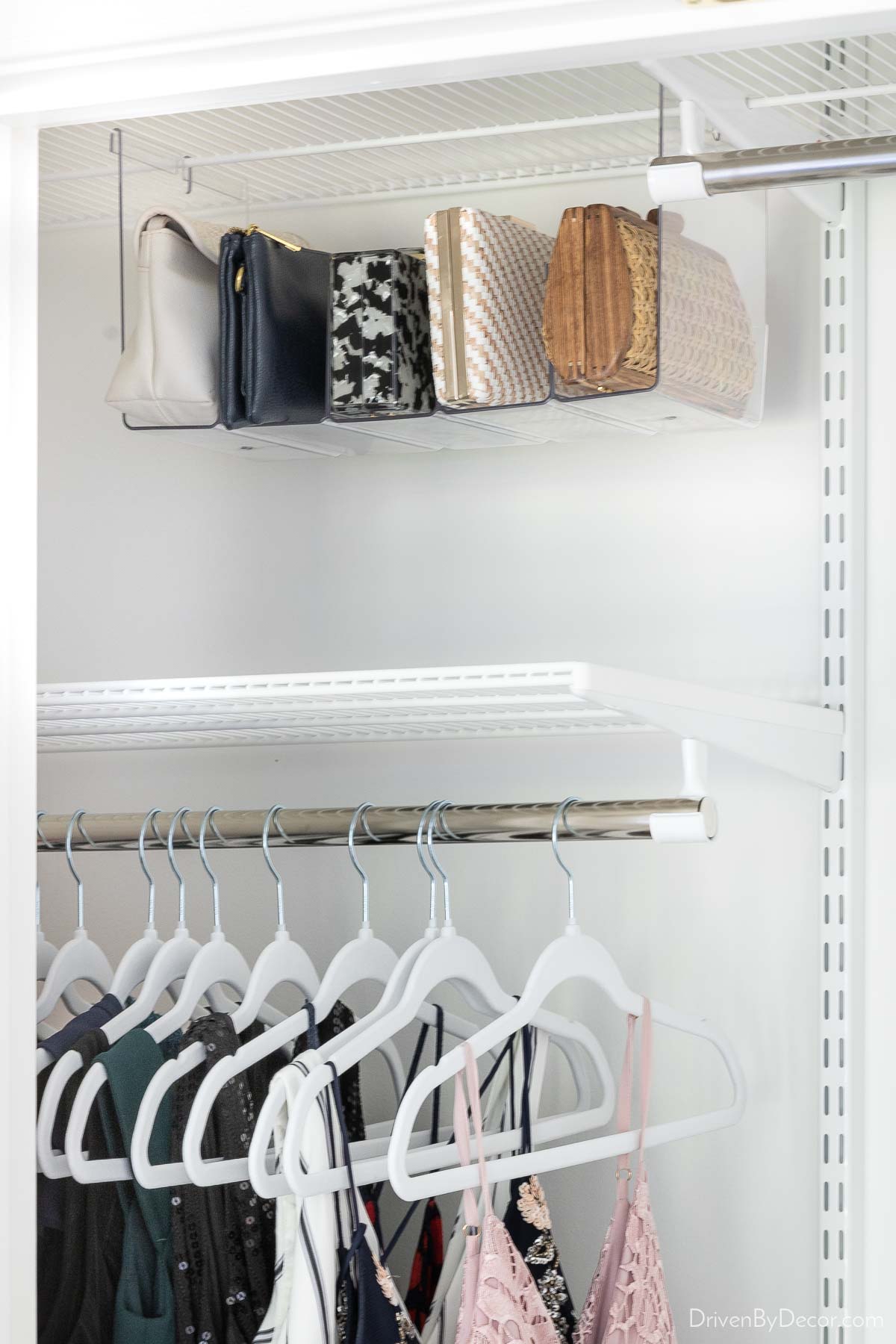Hanging acrylic organizer for clutches in closet
