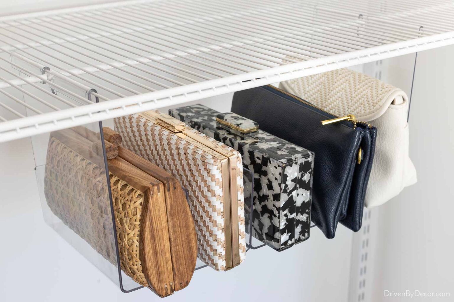 Acrylic organizer that hangs under shelf for holding clutches