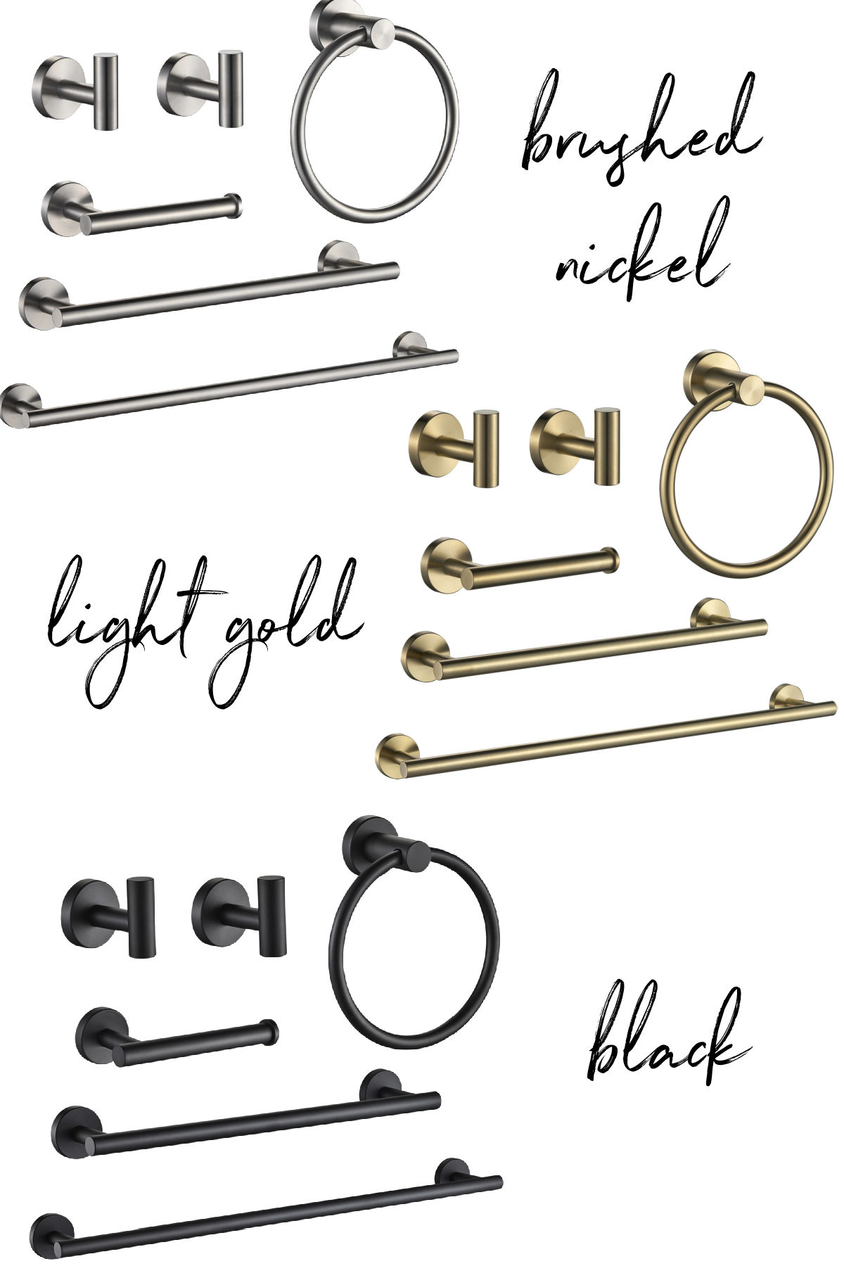 Bathroom hardware sets in brushed nickel, light gold, and black finishes