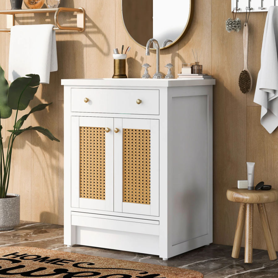 White bathroom vanity with cane doors