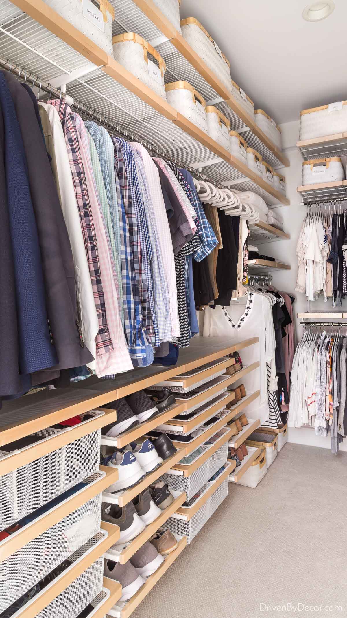 Elfa closet system for walk-in closet organization