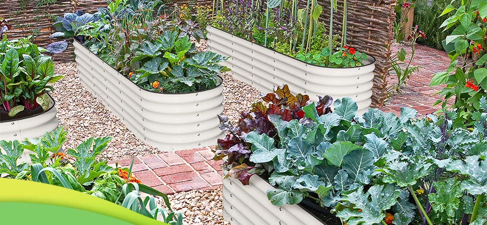 Oversized white galvanized planter garden beds