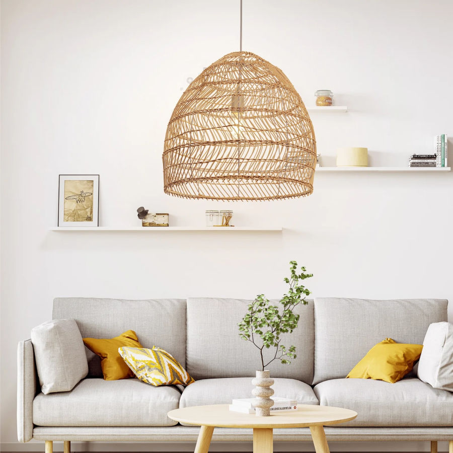 Rattan pendant over sofa