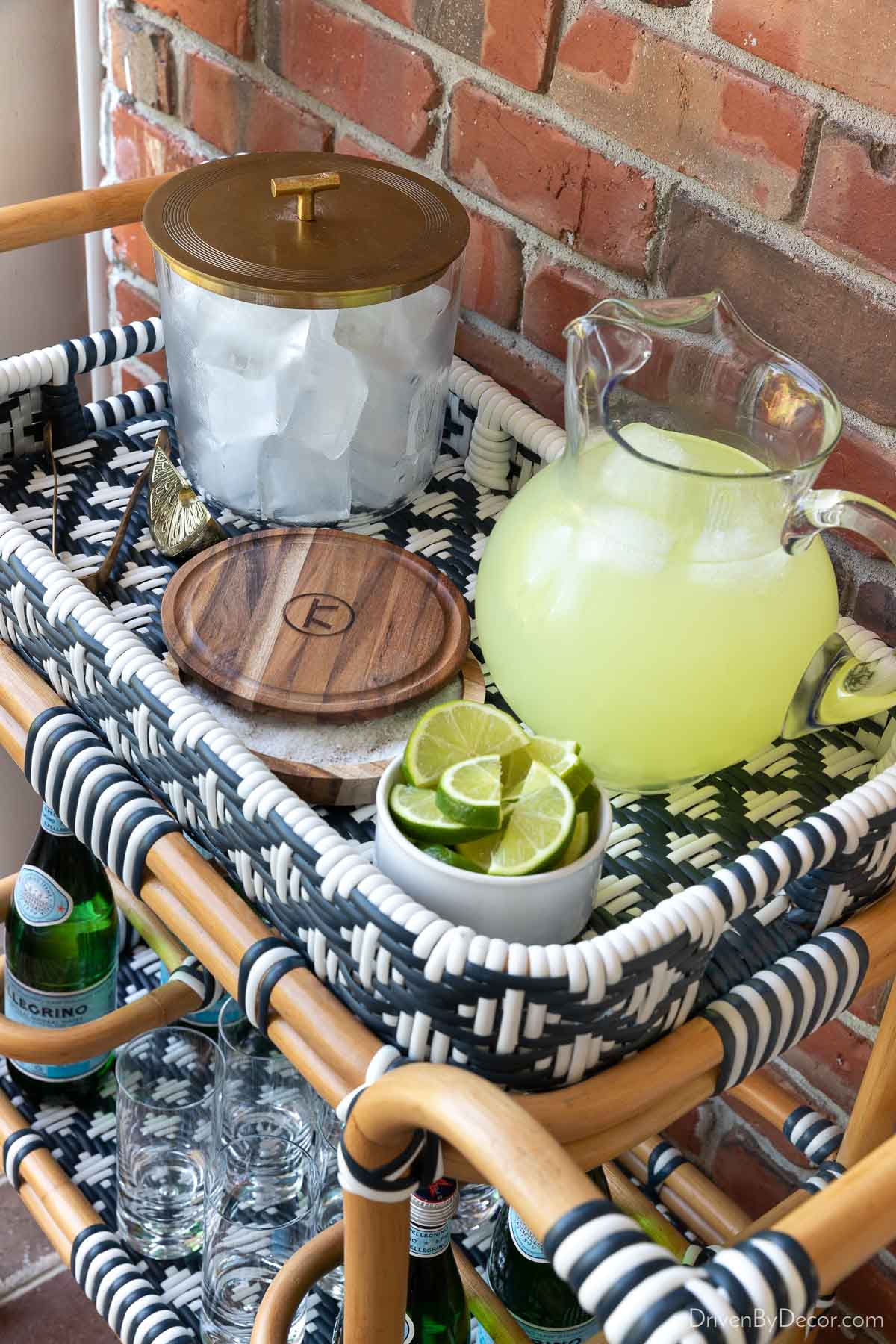 Tray top of outdoor bar cart for entertaining