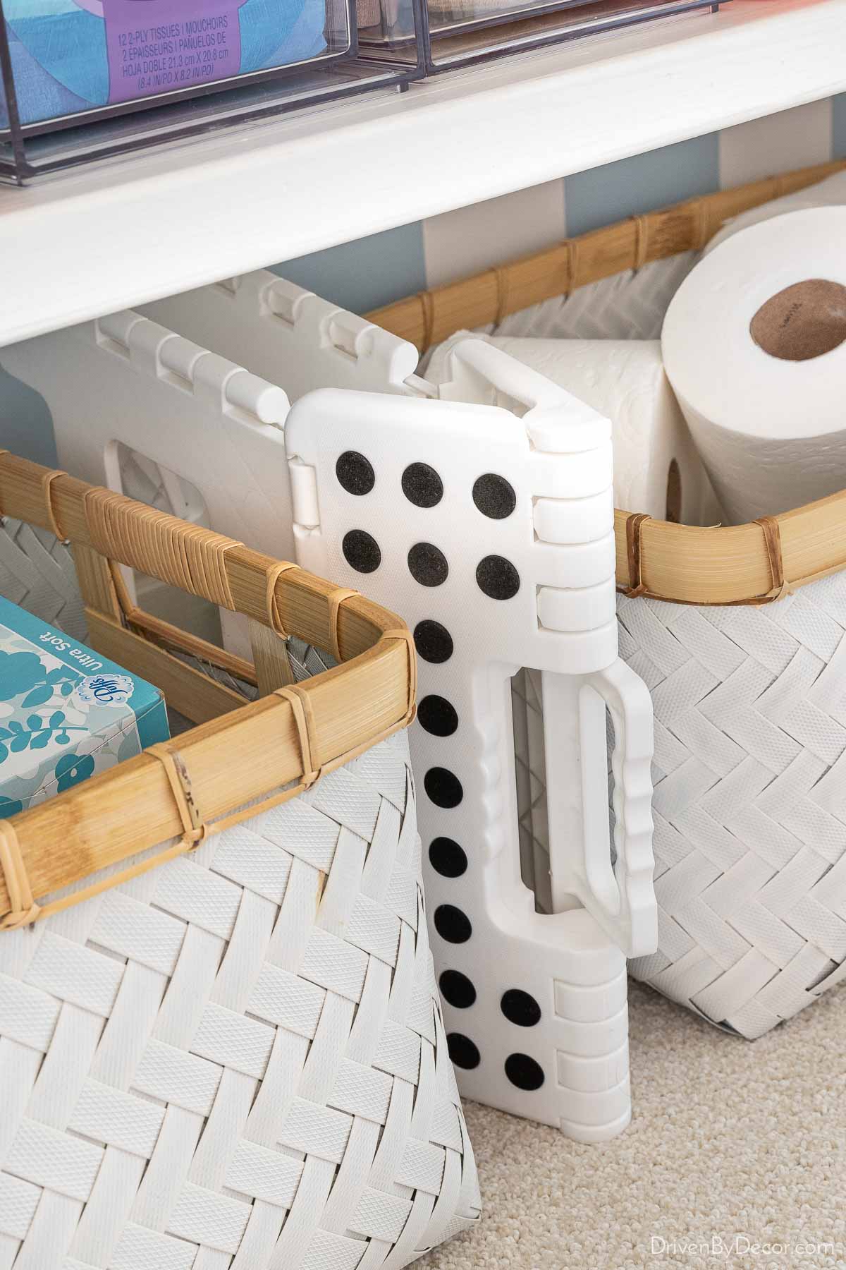 Foldable step stool in linen closet