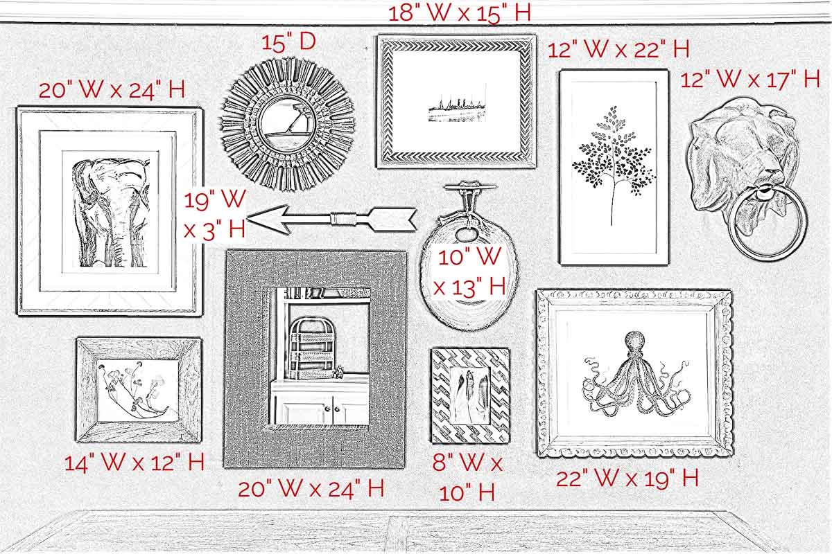 Gallery wall layout with sizes for over credenza