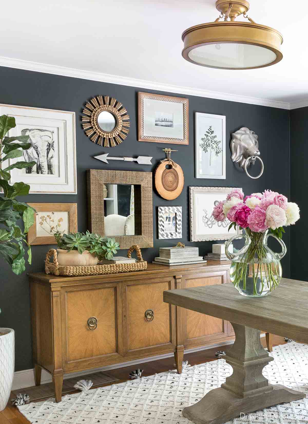 Gallery wall layout over credenza in home office