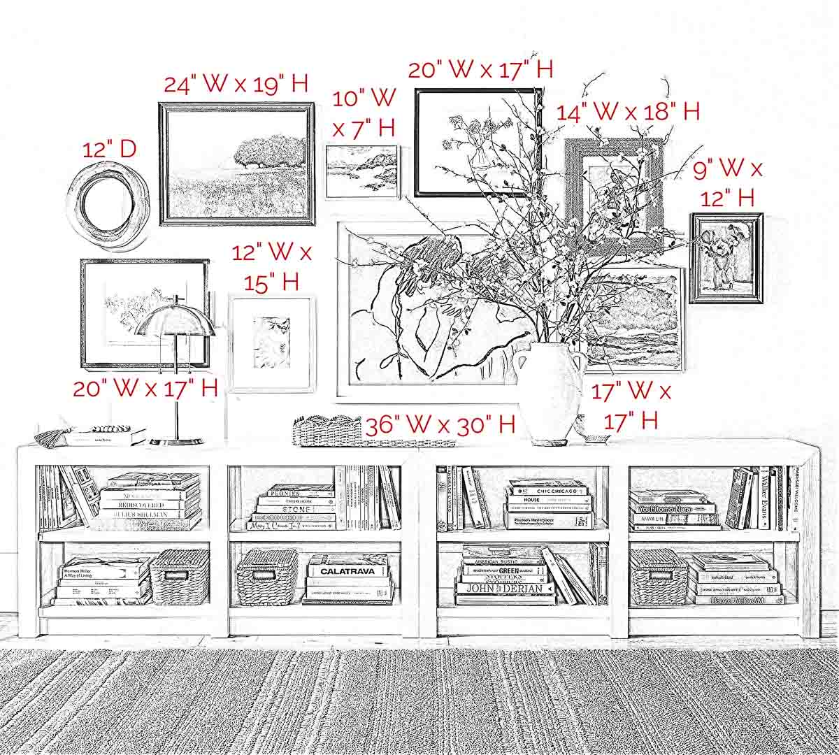 Gallery Wall layout of art over living room console