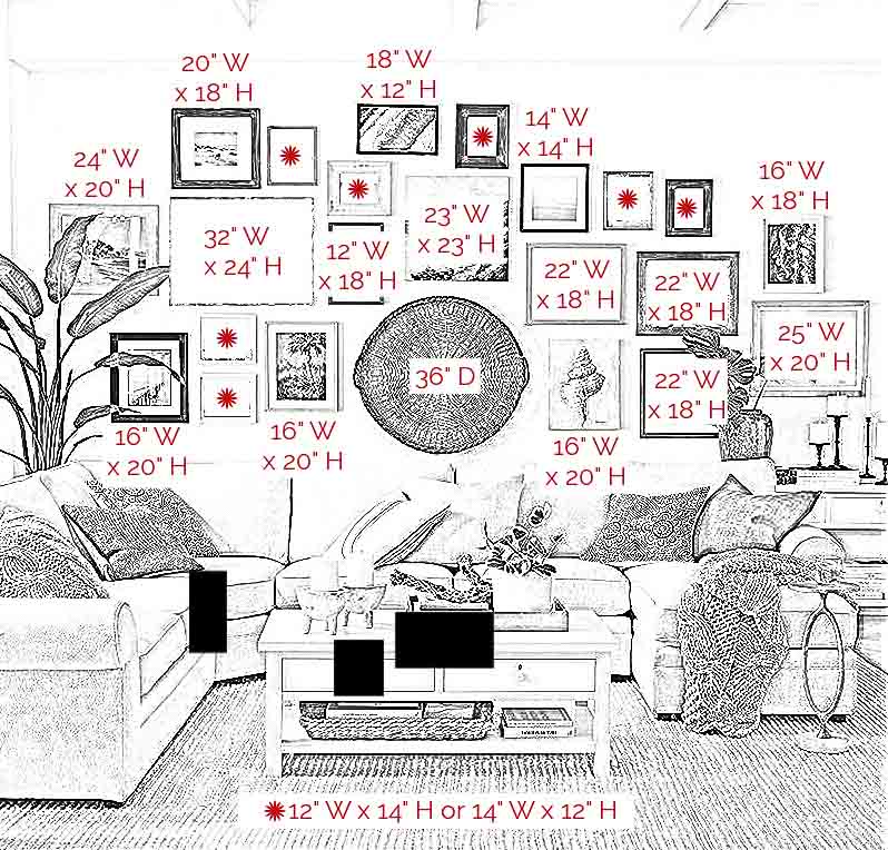 Gallery wall layouts clearance with sizes