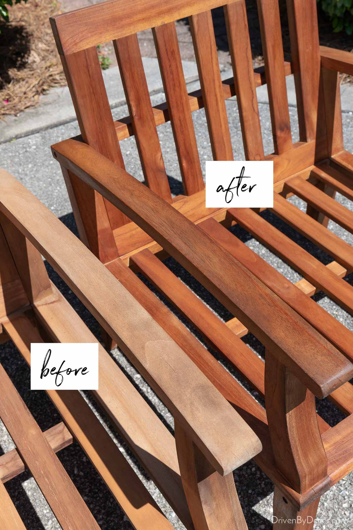 One teak chair before being conditioned and other after conditioning