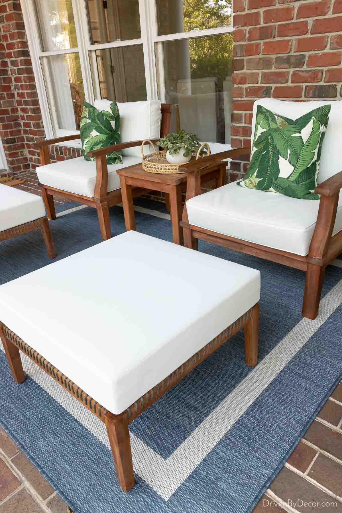 Outdoor lounge chairs with matching ottomans
