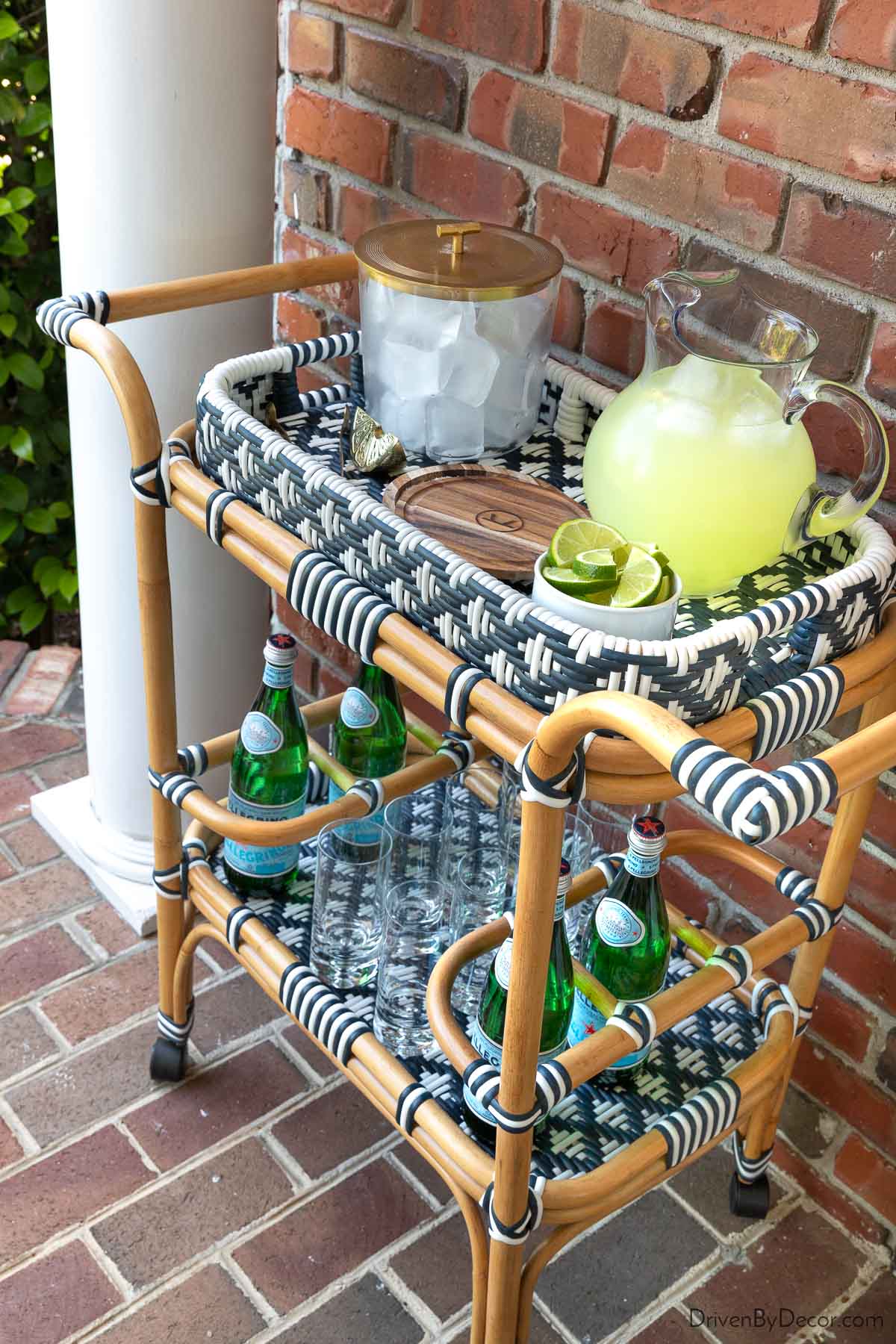 Rattan bar cart used for outdoor entertaining