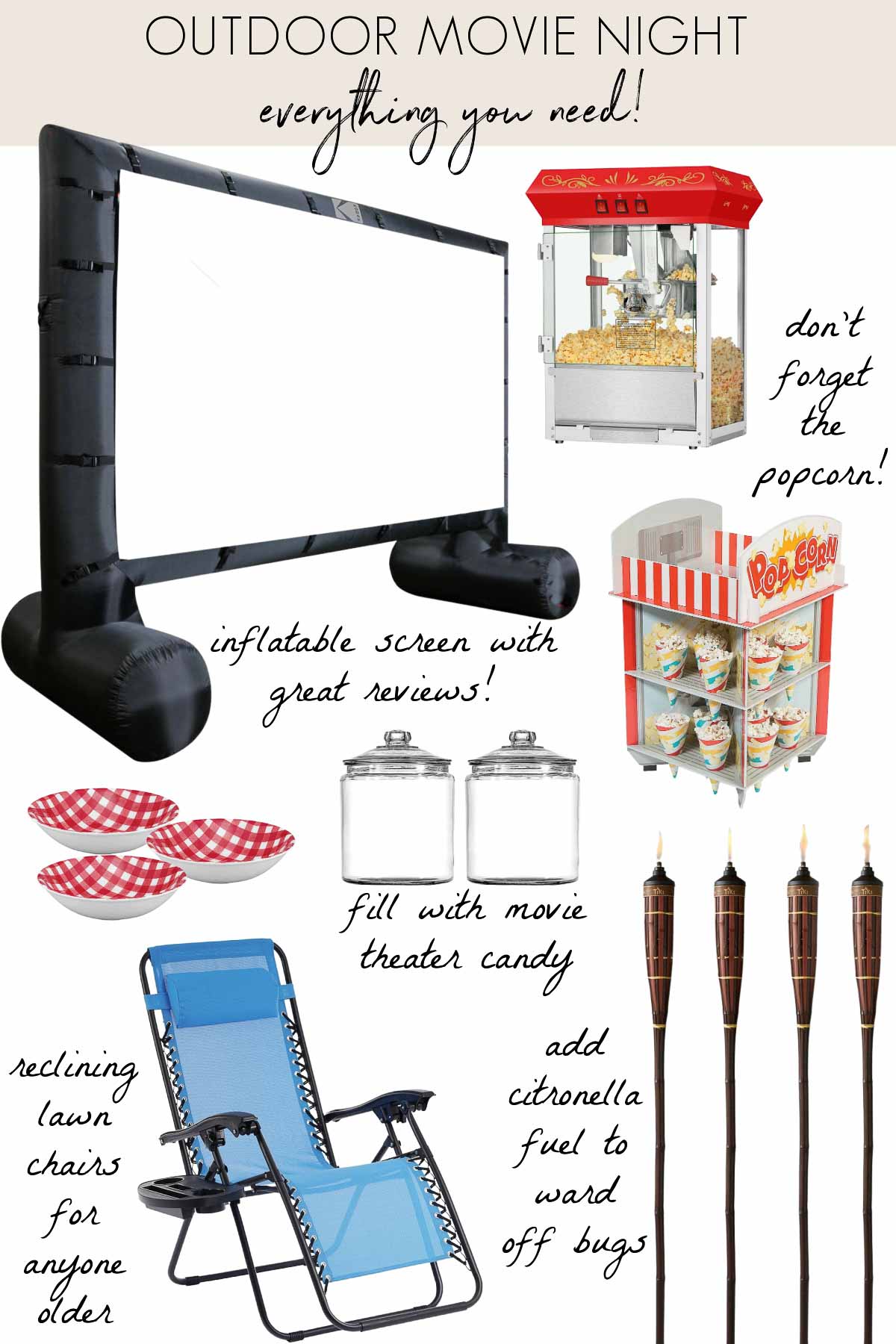 Everything you need for an outdoor movie night - screen, popcorn maker, chairs, and tiki torches