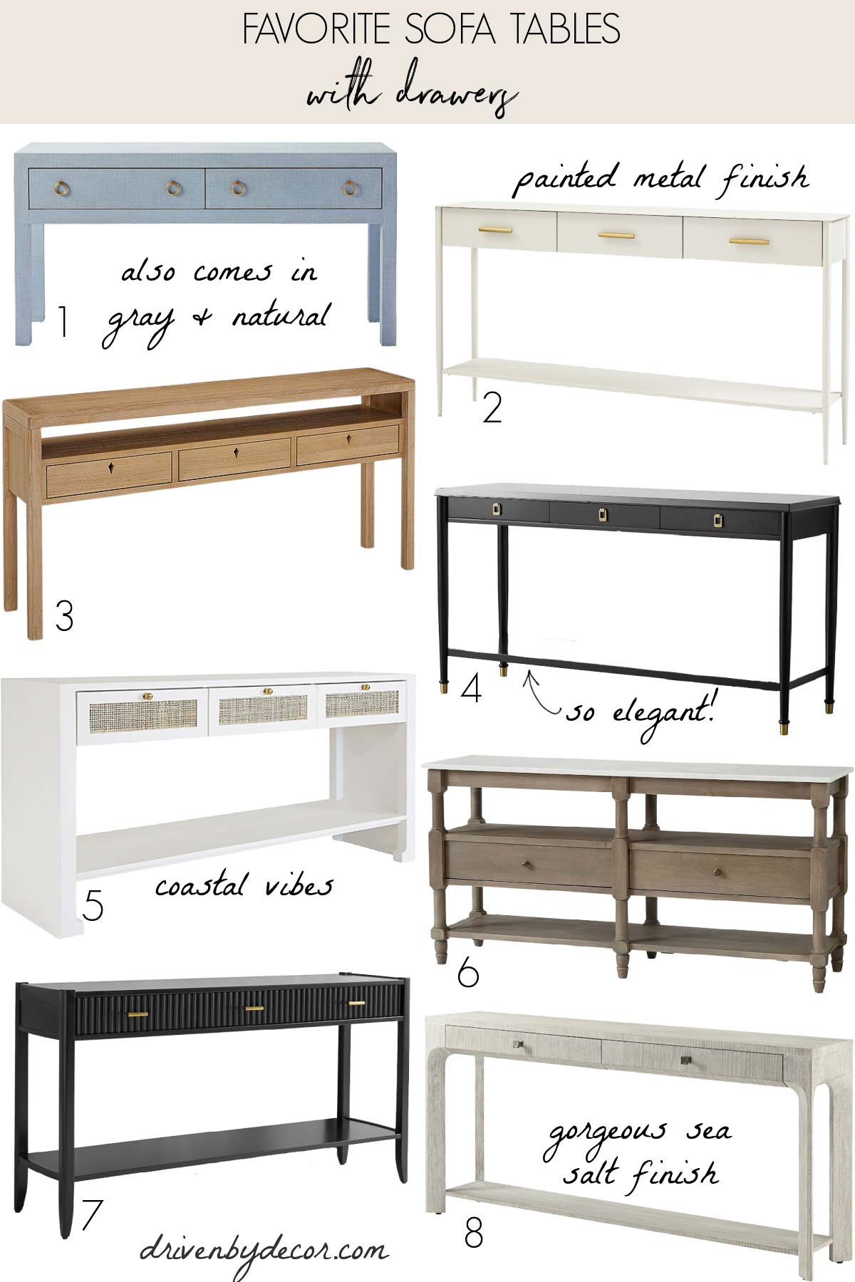 8 sofa tables with drawers