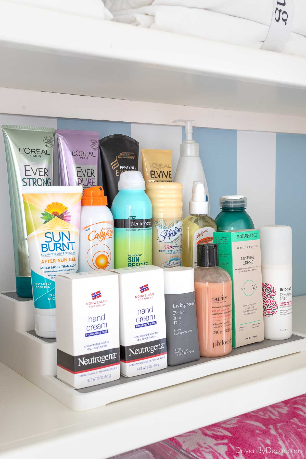 Tiered storage of cosmetics in linen closet