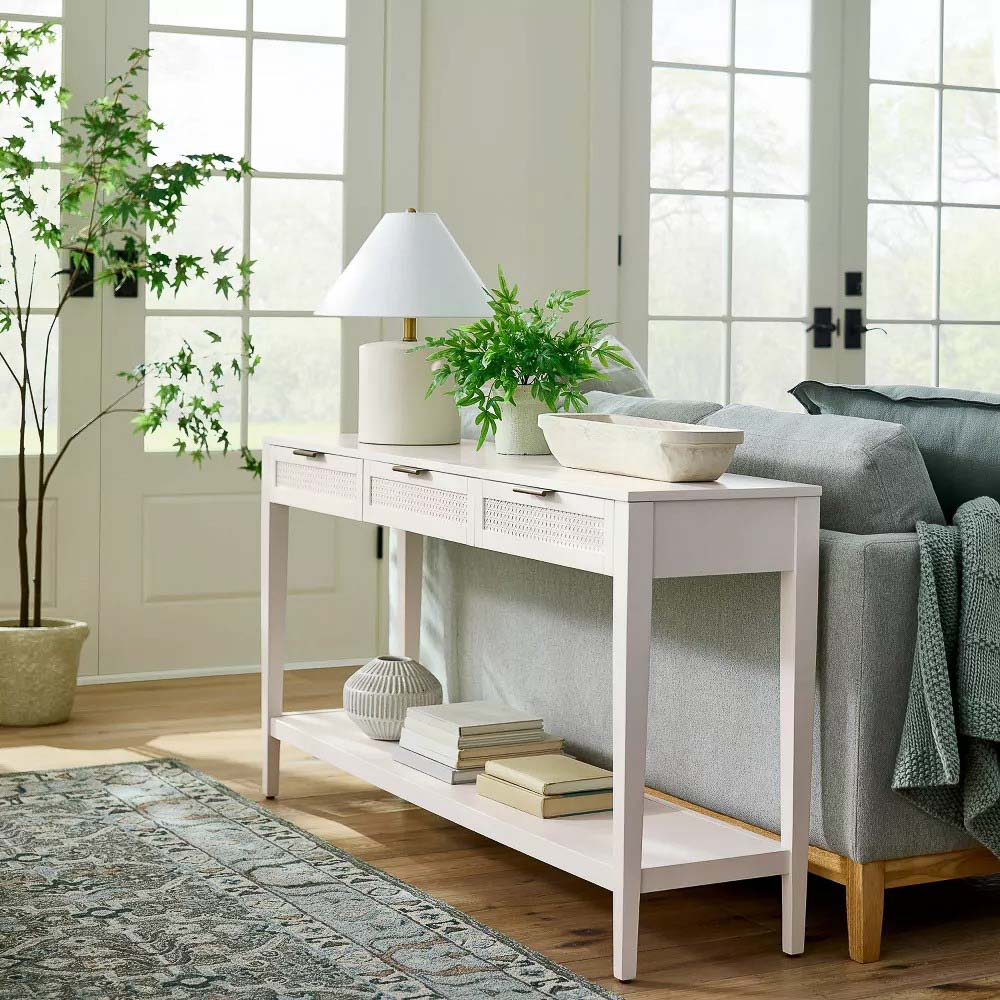 White behind couch table that's inexpensive without looking cheap