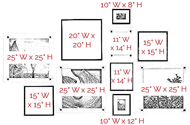 Gallery wall layout of monochromatic art with sizes