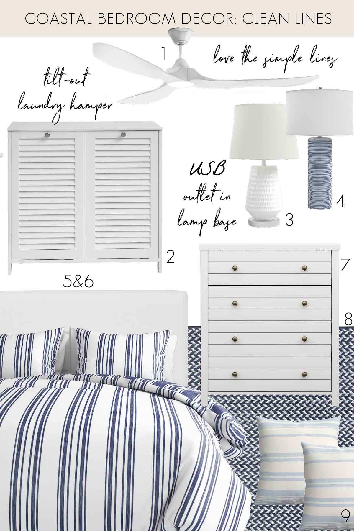Fan, lighting, dressers, rug, bed, and bedding for coastal bedroom decor