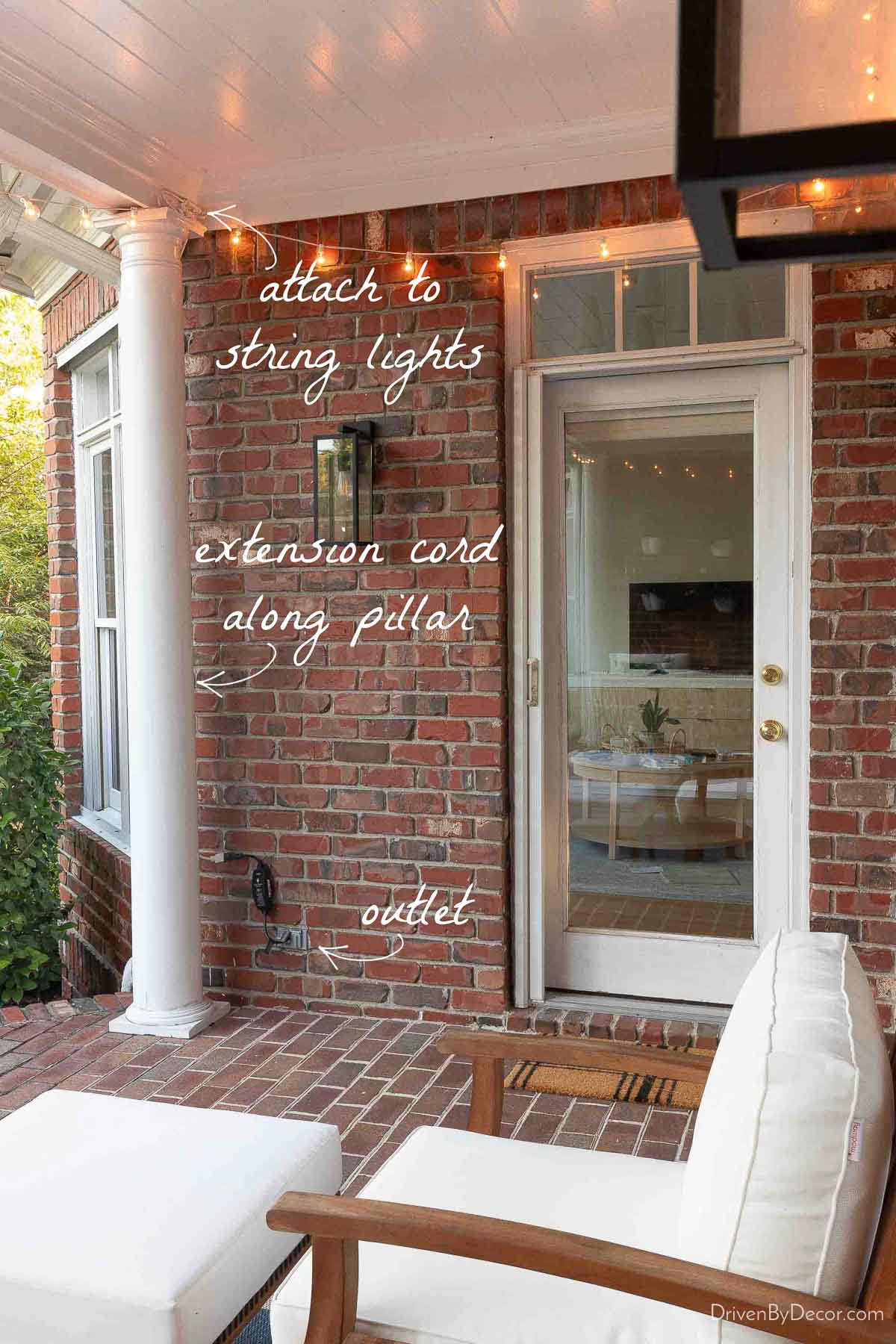 Cord clips along covered patio to attach extension cord to string lights