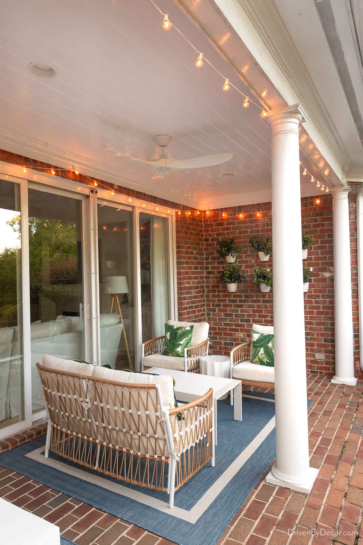 String lights draped around covered patio