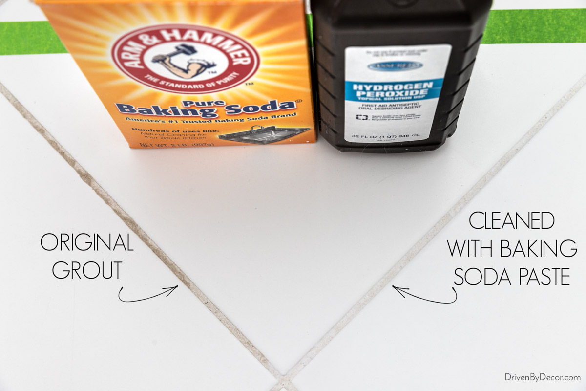 Before and after of grout cleaned with baking soda paste