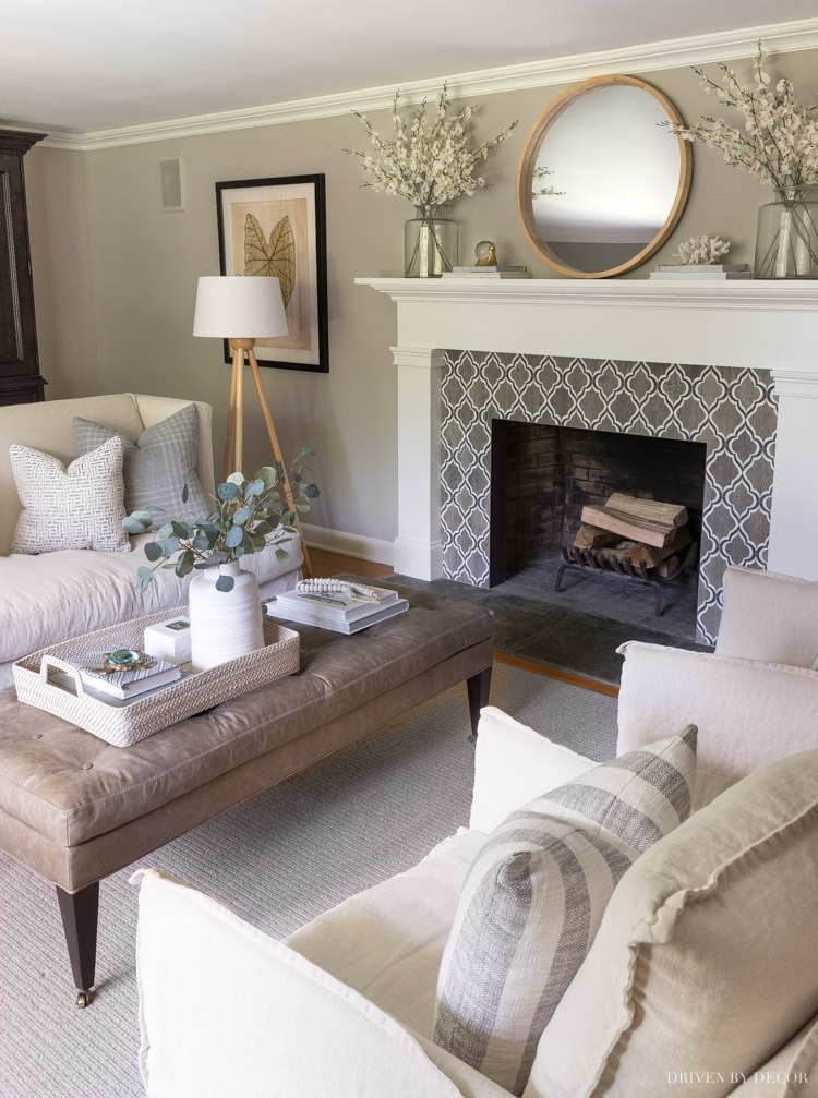 Coffee table between a sofa and two chairs to show best coffee table width