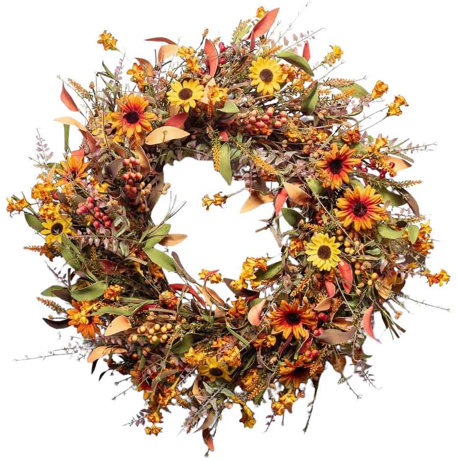 Inexpensive fall wreath with daisies, leaves, and berries