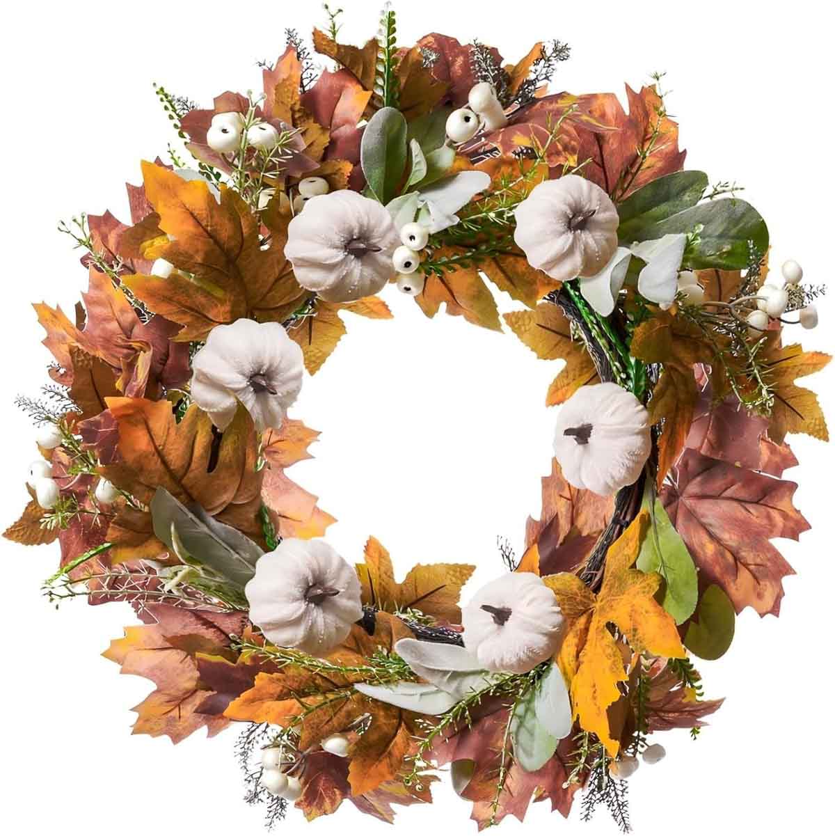 Inexpensive fall wreath with leaves and pumpkins