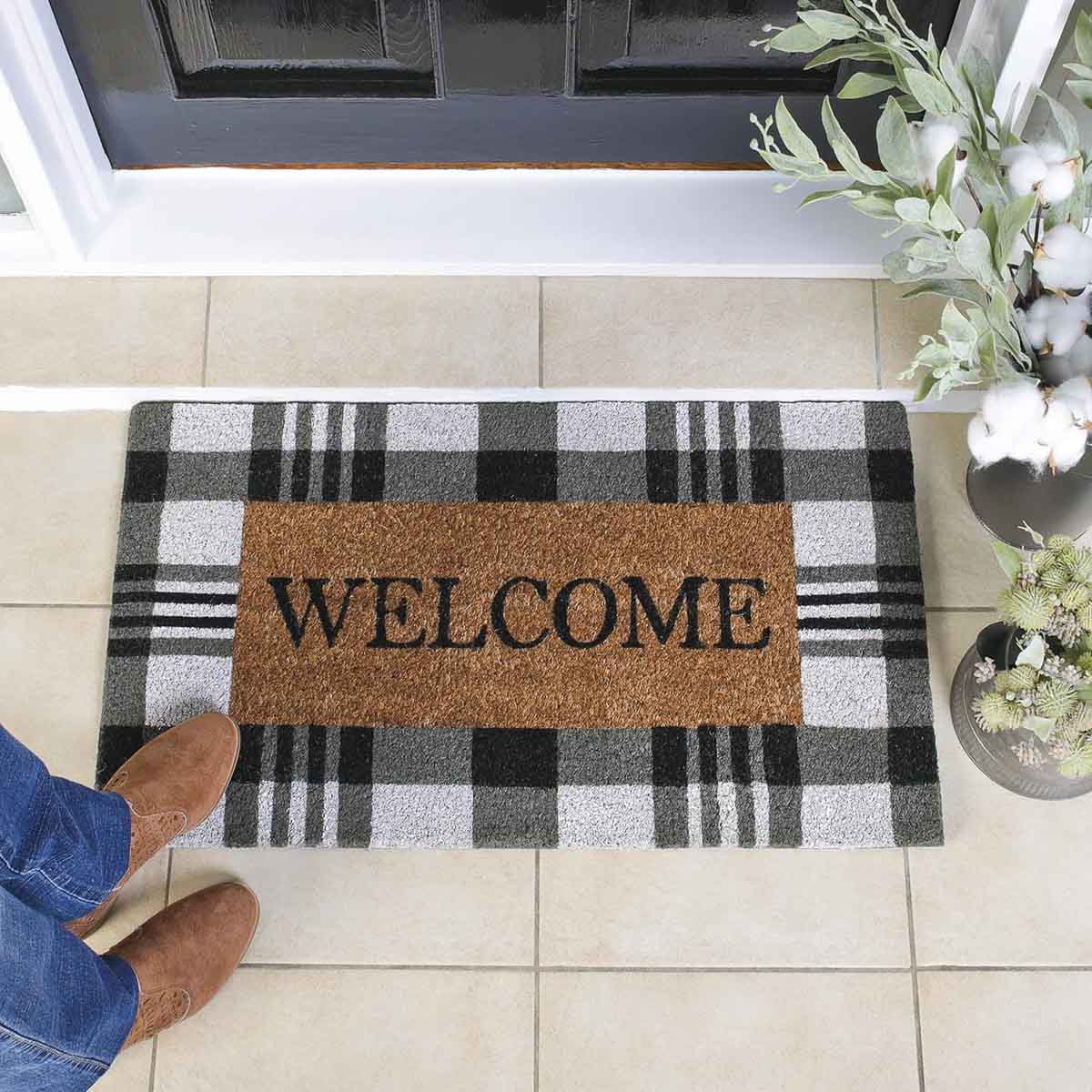 Black and white plaid welcome doormat