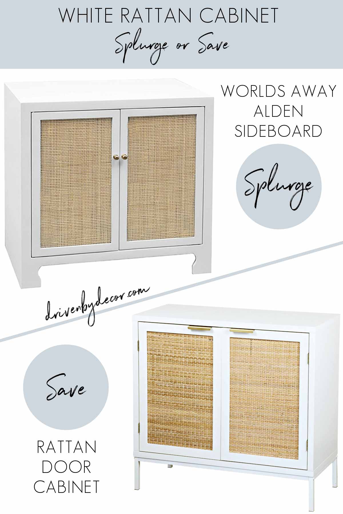 White rattan cabinets in a splurge and look for less save version