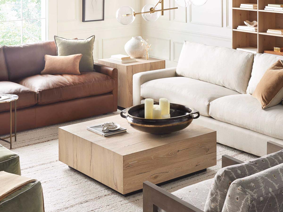 Solid reclaimed oak coffee table in living room