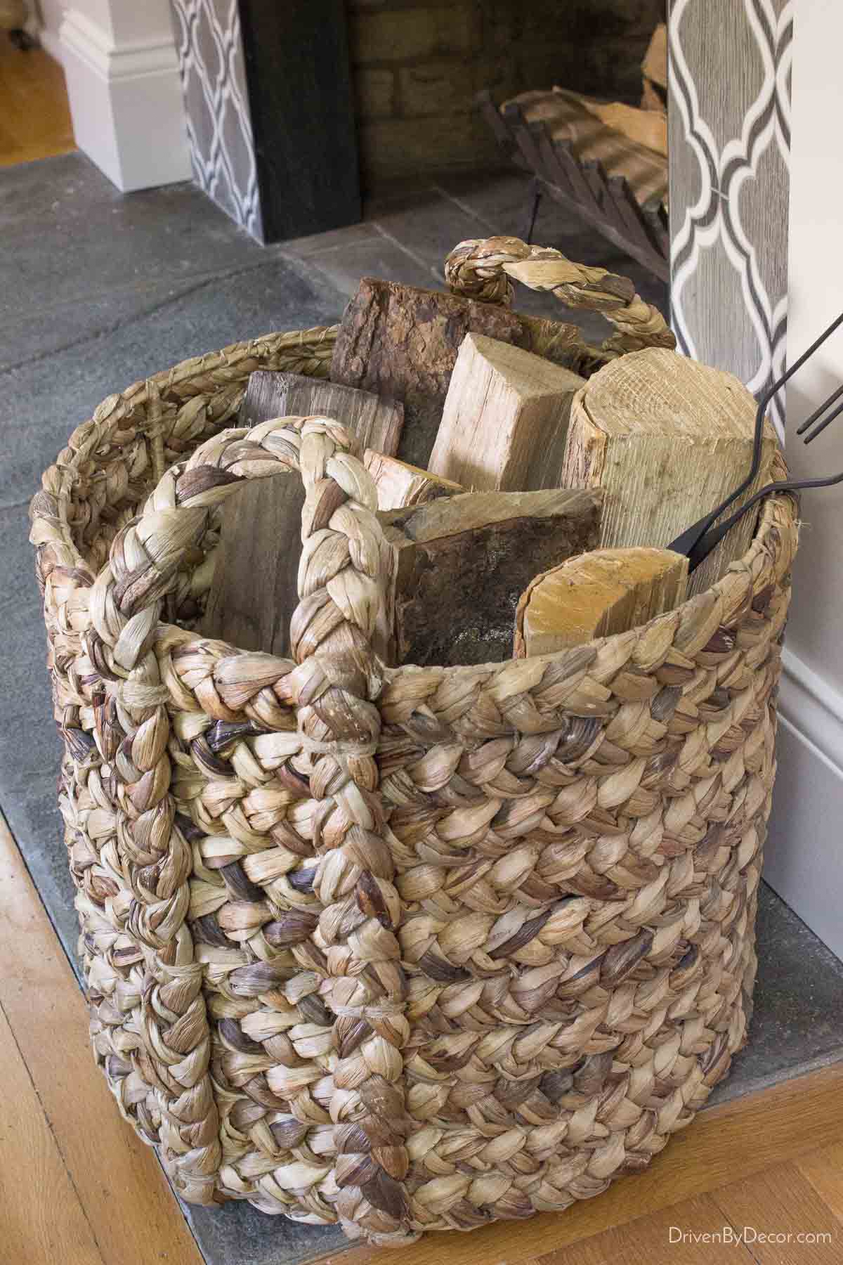 Woven basket with firewood