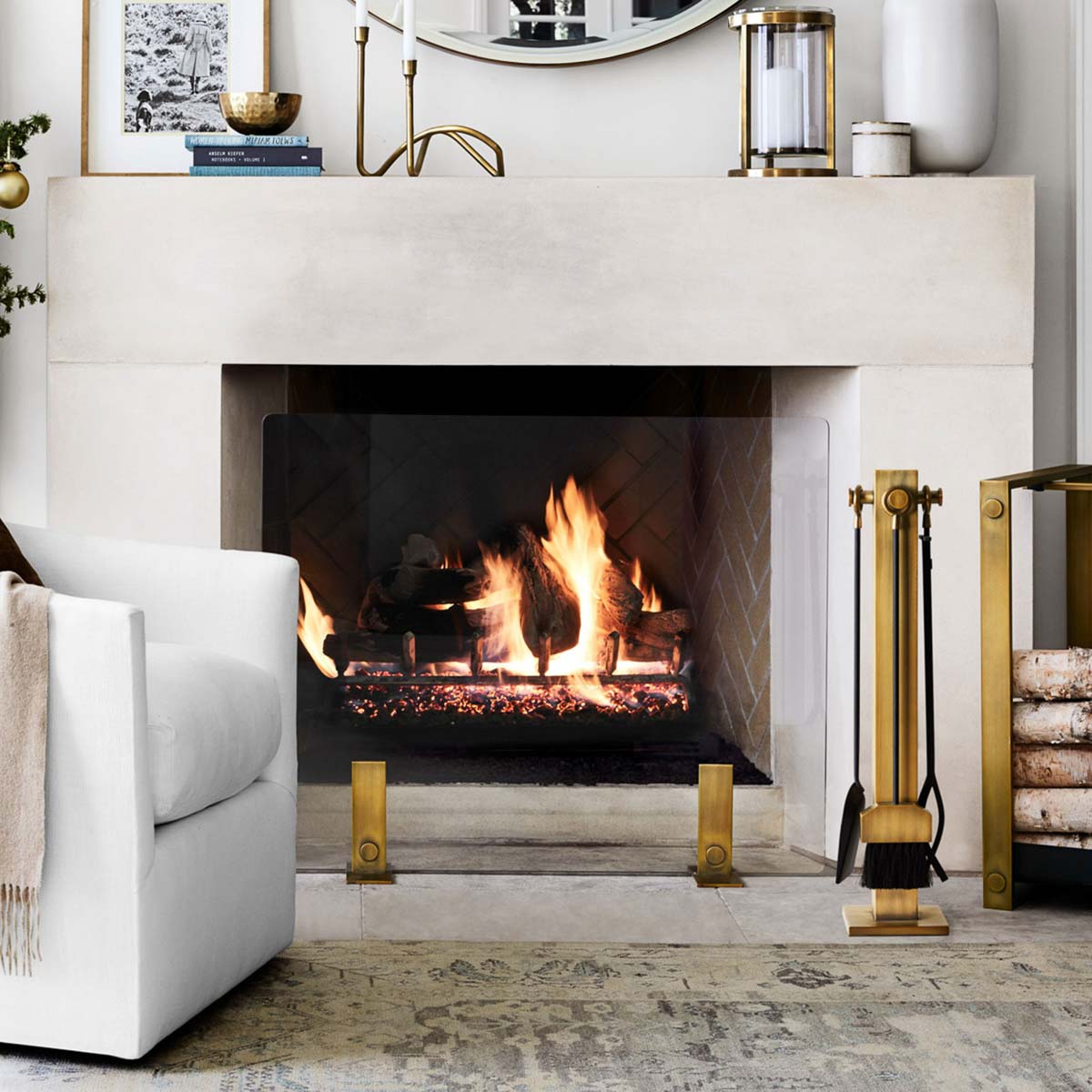 Fireplace with modern fireplace tool set