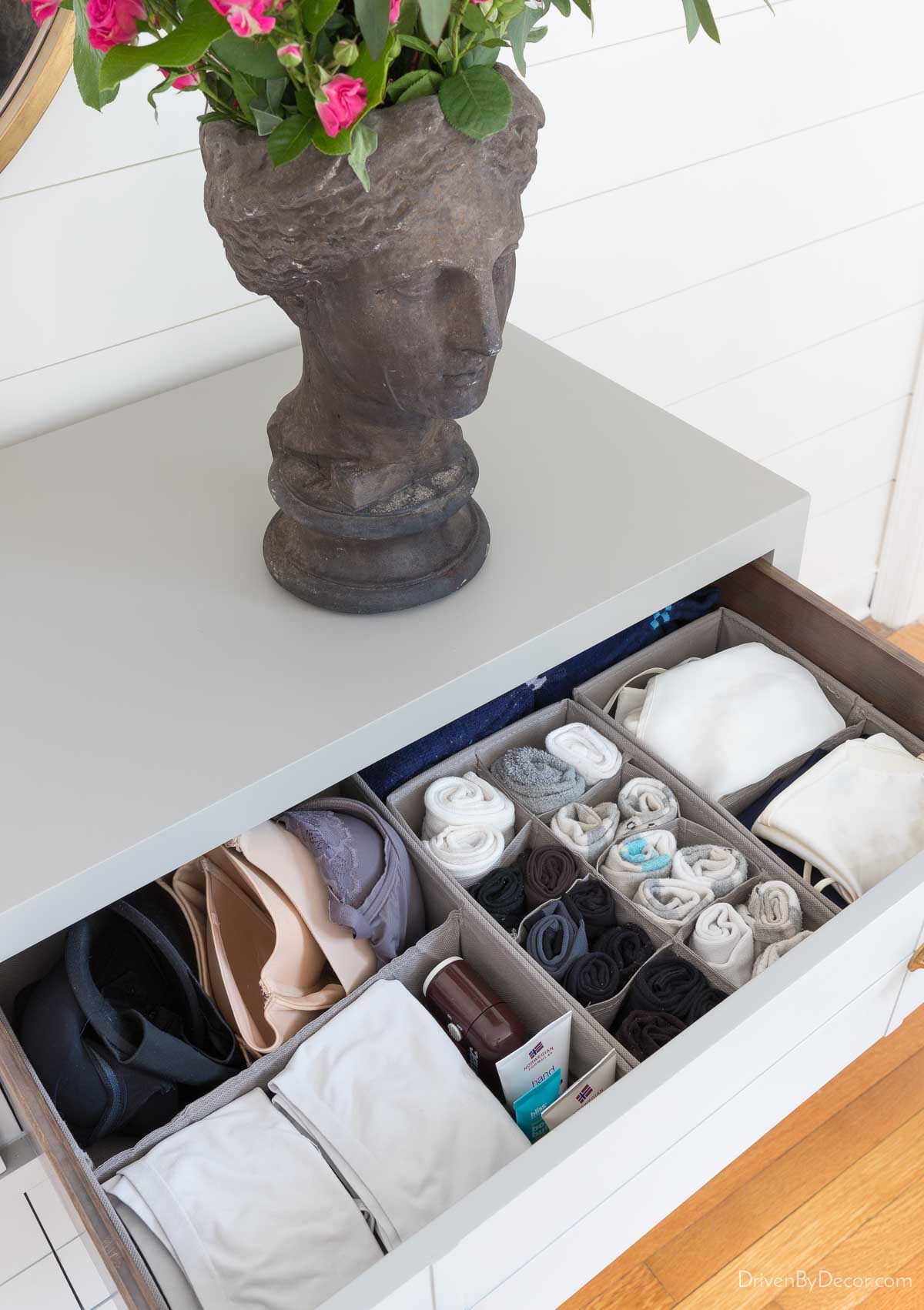Fabric dividers organizing sock and underwear drawer