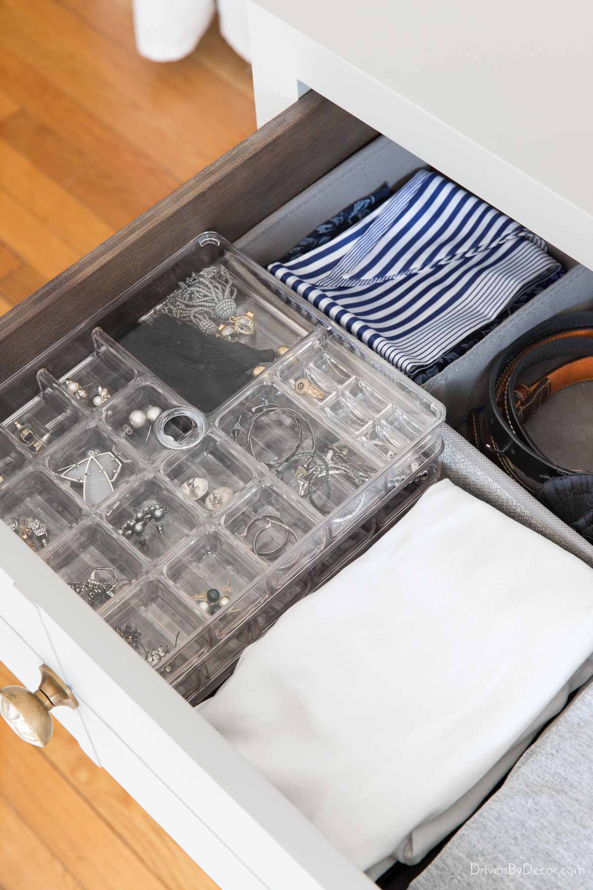 Stacked jewelry trays in drawer