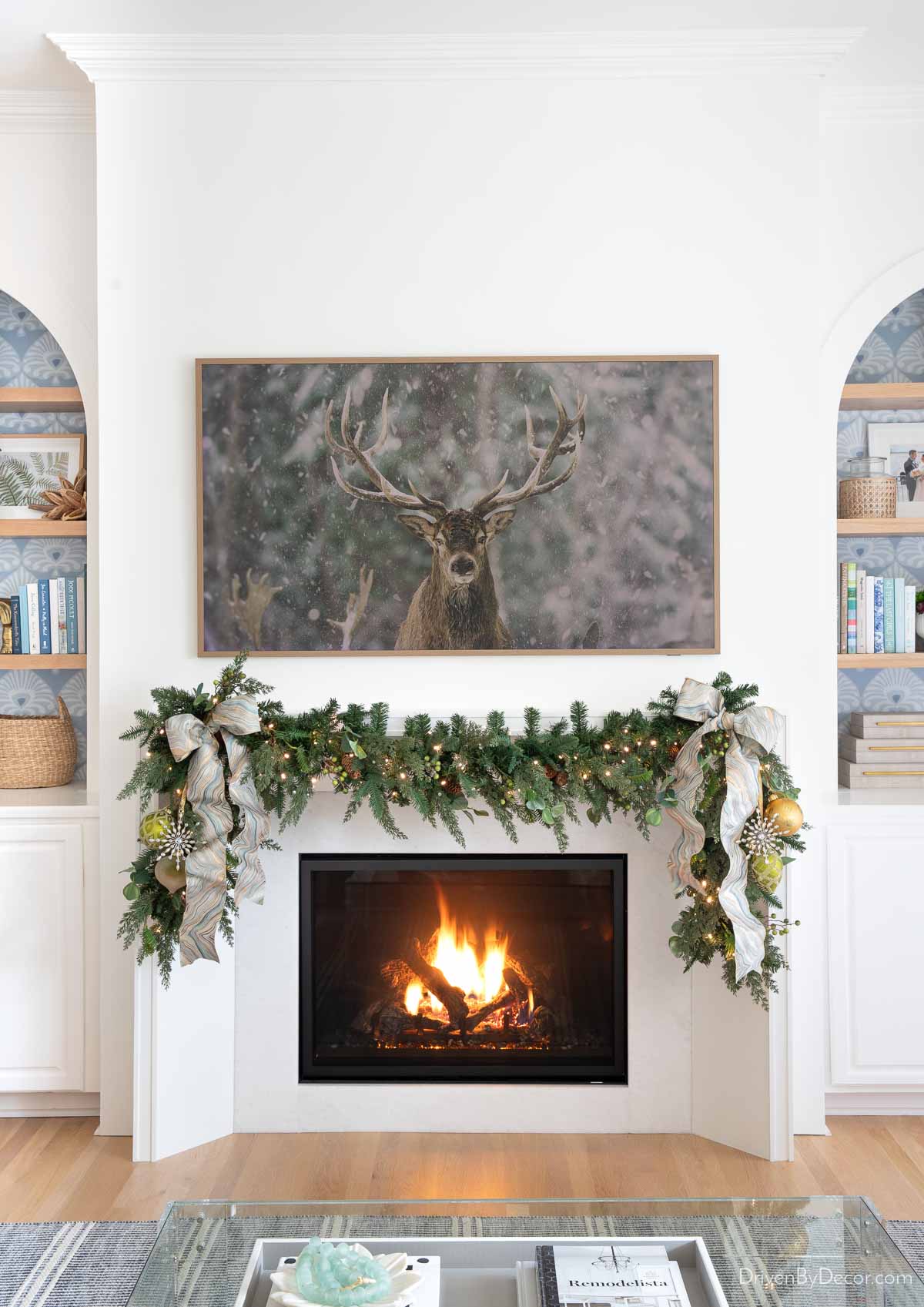 Holiday garland on fireplace mantel
