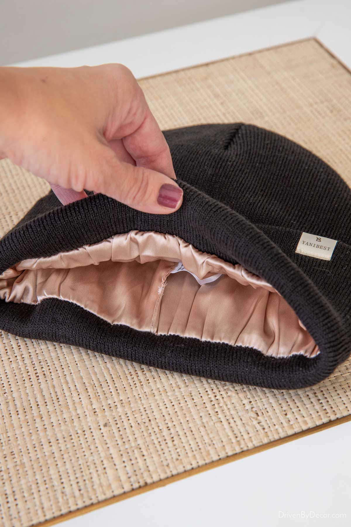 Black beanie hat lined with satin to tame frizz