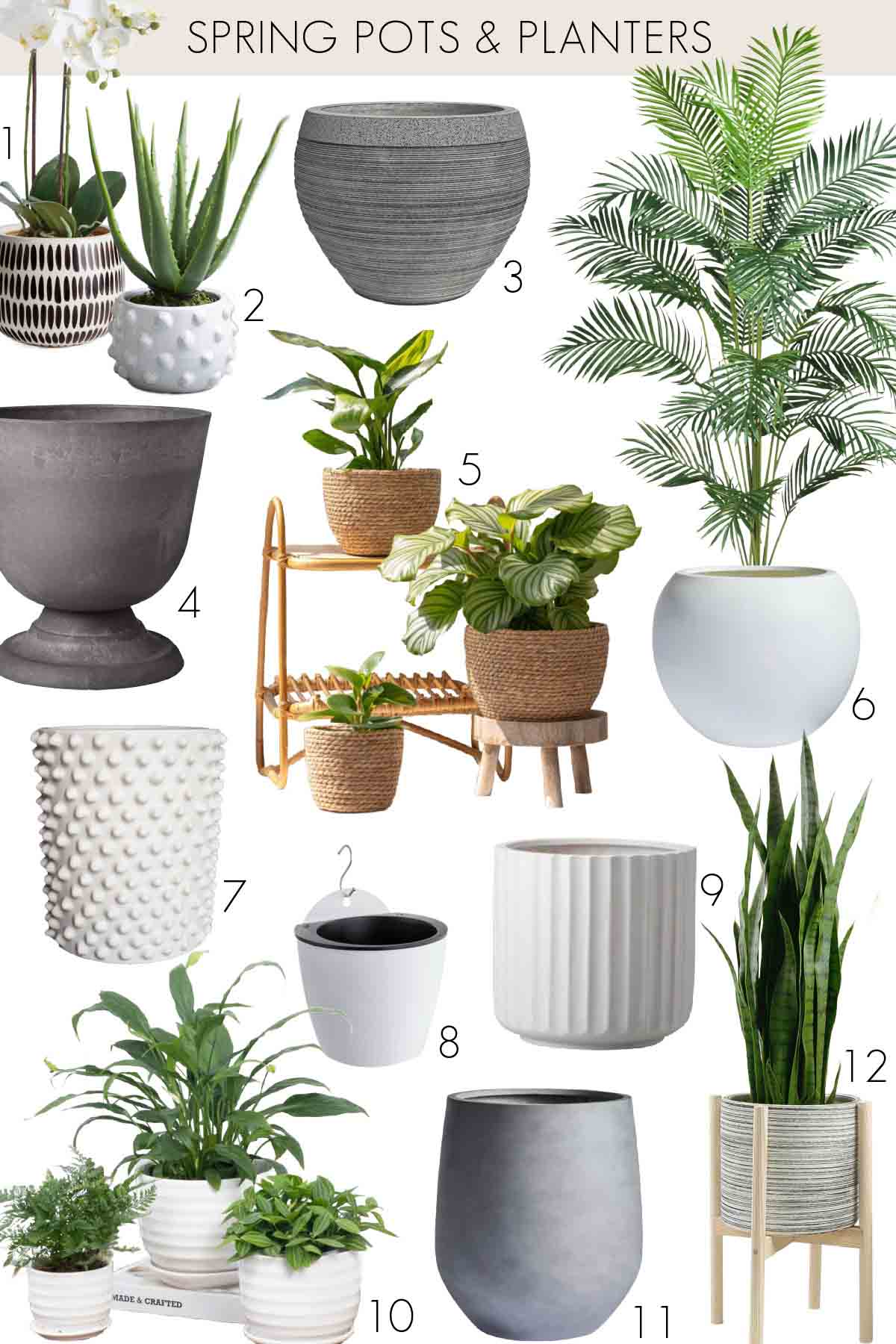White, black, and woven pots and planters