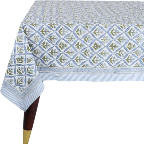 Blue and white block print tablecloth
